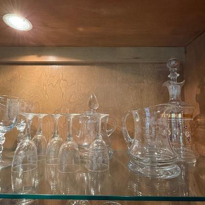 Lot of gorgeous etched glass pitchers, carafes, glassware and more