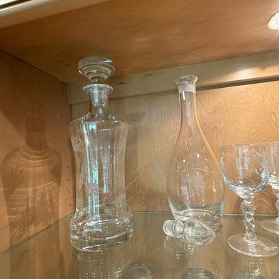 Lot of gorgeous etched glass pitchers, carafes, glassware and more