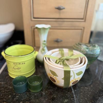 Lot of pretty green and white kitchen and household items