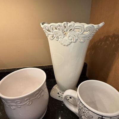 Delicate white vase, mug and bowl