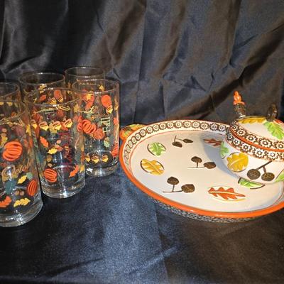 Vintage Fall Harvest Drinkware & Ceramic Serving Set – 8 Pc