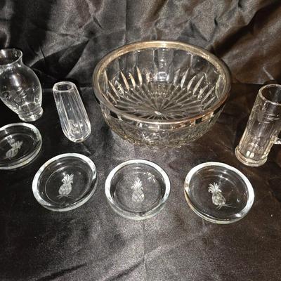 Mixed Etched Princess house style Glassware Lot and a large silver toned edge bowl
