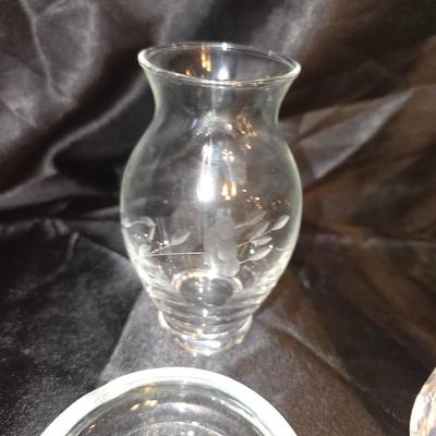 Mixed Etched Princess house style Glassware Lot and a large silver toned edge bowl