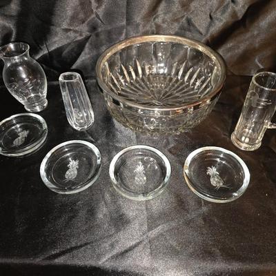 Mixed Etched Princess house style Glassware Lot and a large silver toned edge bowl