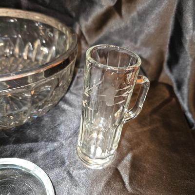 Mixed Etched Princess house style Glassware Lot and a large silver toned edge bowl