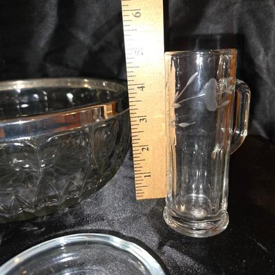 Mixed Etched Princess house style Glassware Lot and a large silver toned edge bowl