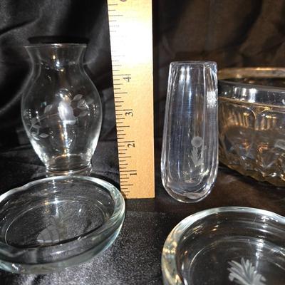 Mixed Etched Princess house style Glassware Lot and a large silver toned edge bowl