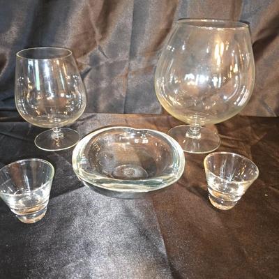 Mixed Glassware Lot – Brandy Snifters, Heavy glass ashtray, & Shot Glasses