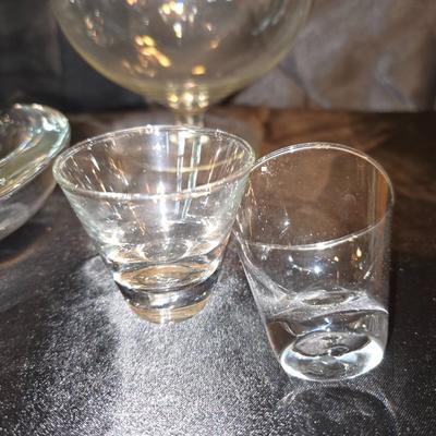 Mixed Glassware Lot – Brandy Snifters, Heavy glass ashtray, & Shot Glasses