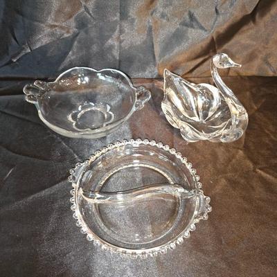 Vintage Clear Glass Trio – Divided Dish, Decorative Swan & Floral Bowl (3 Pc)