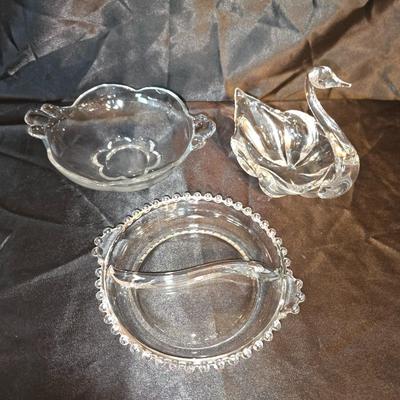 Vintage Clear Glass Trio – Divided Dish, Decorative Swan & Floral Bowl (3 Pc)