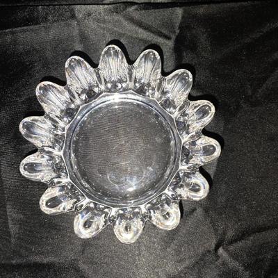 Pair of Vintage Clear Pressed Glass Candle Holders – Floral Design and a Clear Pressed Glass bowl – Sunburst Spike Edge Design