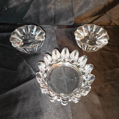 Pair of Vintage Clear Pressed Glass Candle Holders – Floral Design and a Clear Pressed Glass bowl – Sunburst Spike Edge Design