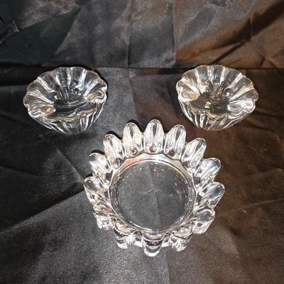 Pair of Vintage Clear Pressed Glass Candle Holders – Floral Design and a Clear Pressed Glass bowl – Sunburst Spike Edge Design