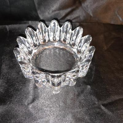 Pair of Vintage Clear Pressed Glass Candle Holders – Floral Design and a Clear Pressed Glass bowl – Sunburst Spike Edge Design