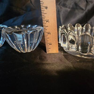 Pair of Vintage Clear Pressed Glass Candle Holders – Floral Design and a Clear Pressed Glass bowl – Sunburst Spike Edge Design