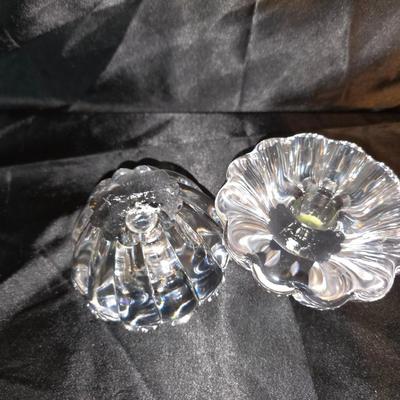 Pair of Vintage Clear Pressed Glass Candle Holders – Floral Design and a Clear Pressed Glass bowl – Sunburst Spike Edge Design