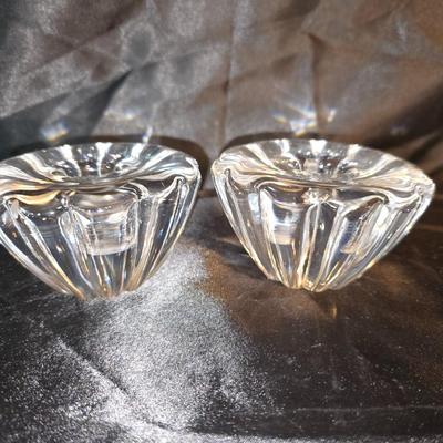 Pair of Vintage Clear Pressed Glass Candle Holders – Floral Design and a Clear Pressed Glass bowl – Sunburst Spike Edge Design