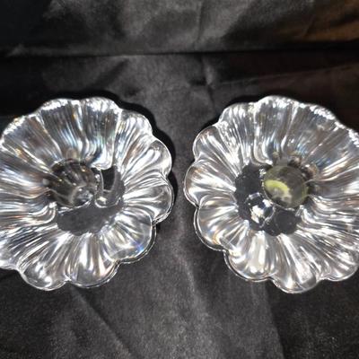 Pair of Vintage Clear Pressed Glass Candle Holders – Floral Design and a Clear Pressed Glass bowl – Sunburst Spike Edge Design