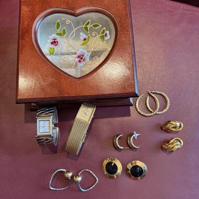 Jewelry box, beautiful watches and earrings