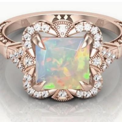 Rose Gold Plated Opal & Moissanite halo Vintage Ring