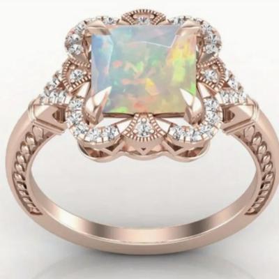 Rose Gold Plated Opal & Moissanite halo Vintage Ring
