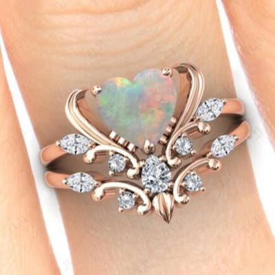 925 Rose Gold Black Opal Heart Ring Bridal Set