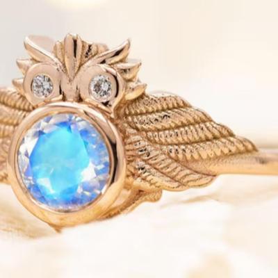 Art Deco Moonstone Engagement Ring Owl Style Wedding Ring