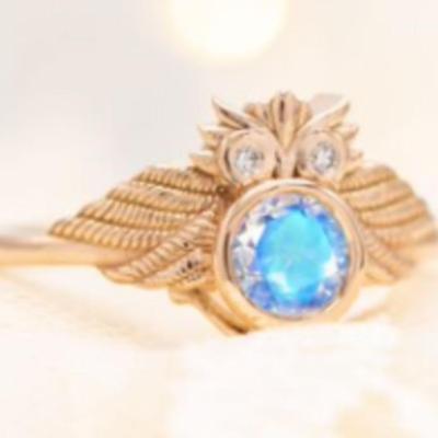 Art Deco Moonstone Engagement Ring Owl Style Wedding Ring