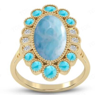 Yellow Gold over 925 Natural Larimar Statement Ring