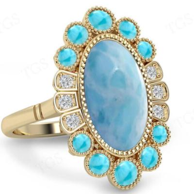Yellow Gold over 925 Natural Larimar Statement Ring