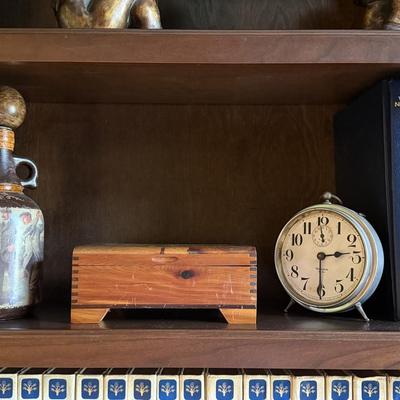 Clock, wood box and jar