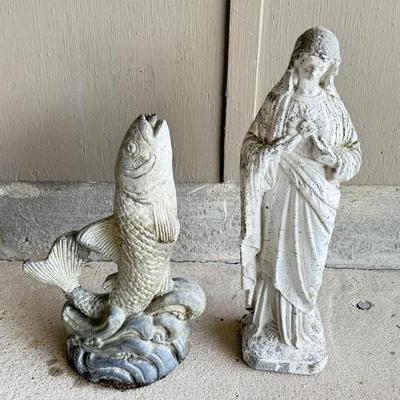 Set of 2 Small Concrete Statues - Fish Fountain and Mary
