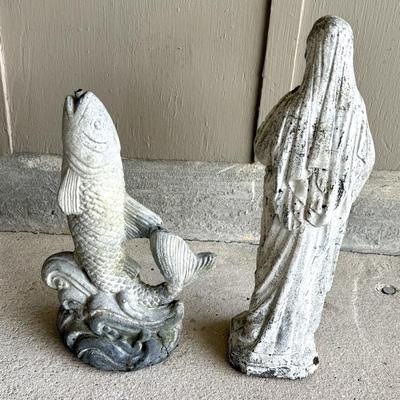 Set of 2 Small Concrete Statues - Fish Fountain and Mary