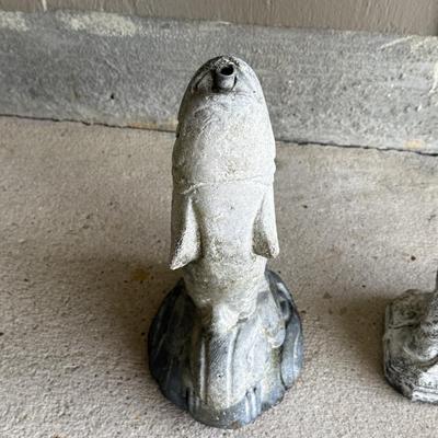 Set of 2 Small Concrete Statues - Fish Fountain and Mary
