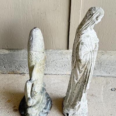 Set of 2 Small Concrete Statues - Fish Fountain and Mary