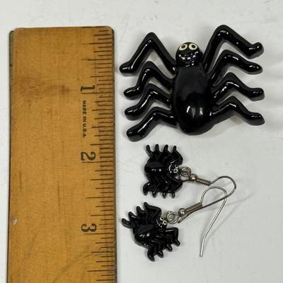 Spider Earring and Brooch Set - Spider Jewelry - Halloween Jewelry - Spider Pierced Ear Earrings - Spider Brooch