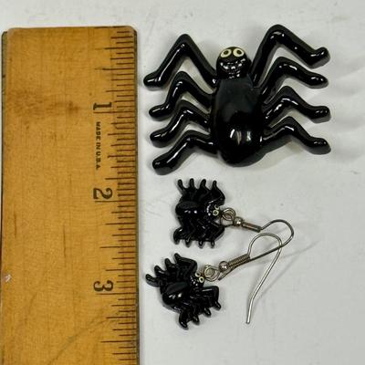 Spider Earring and Brooch Set - Spider Jewelry - Halloween Jewelry - Spider Pierced Ear Earrings - Spider Brooch