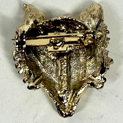 Fox Mask with Red Eyes Gold Tone Brooch Pin