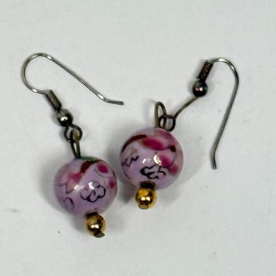 Vintage CLOISONNE Jewelry Dangle EARRINGS 12 mm Cherry Blossoms Purple Pink Green