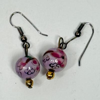 Vintage CLOISONNE Jewelry Dangle EARRINGS 12 mm Cherry Blossoms Purple Pink Green