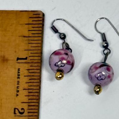Vintage CLOISONNE Jewelry Dangle EARRINGS 12 mm Cherry Blossoms Purple Pink Green
