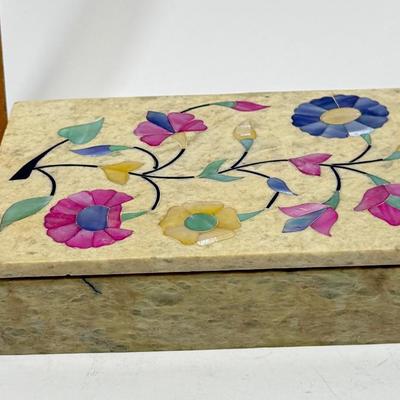 Vintage Alabaster Lidded Trinket Box with Inlay Mother-of-Pearl Flowers