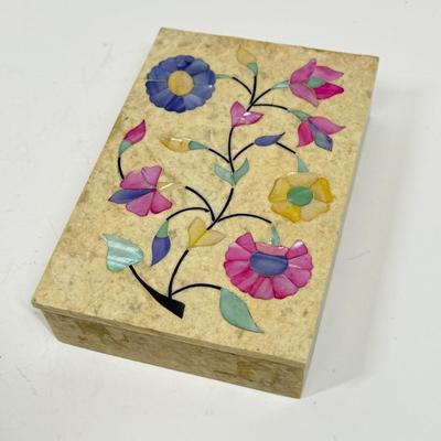 Vintage Alabaster Lidded Trinket Box with Inlay Mother-of-Pearl Flowers