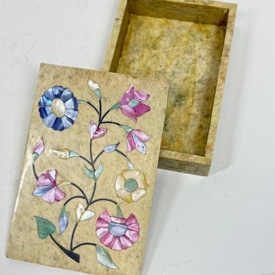 Vintage Alabaster Lidded Trinket Box with Inlay Mother-of-Pearl Flowers