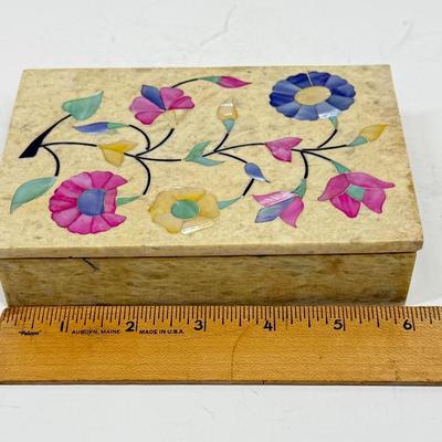 Vintage Alabaster Lidded Trinket Box with Inlay Mother-of-Pearl Flowers