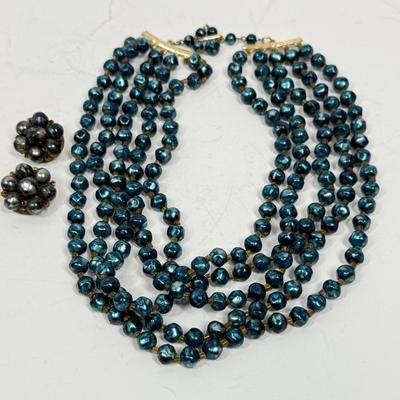 Vintage Green Bead Necklace and Earring Set - Hong Kong