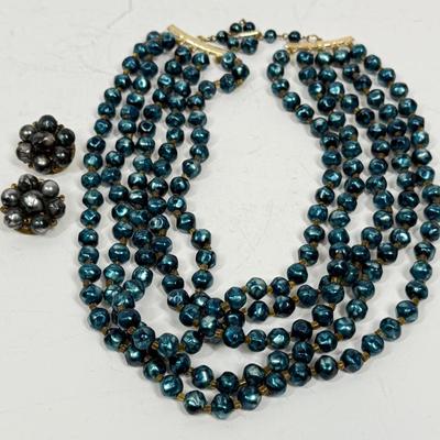 Vintage Green Bead Necklace and Earring Set - Hong Kong