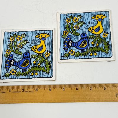 VTG Mid Century Tile Trivets Retro 1960s 1970s Groovy Birds Blue Yellow