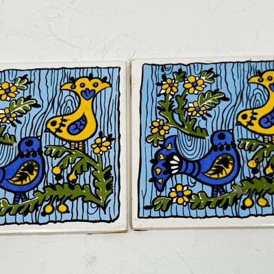VTG Mid Century Tile Trivets Retro 1960s 1970s Groovy Birds Blue Yellow